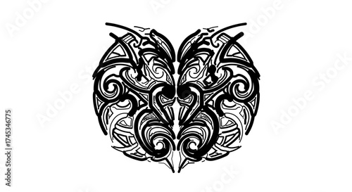 Abstract symmetrical design, featuring intricate swirls and tribal patterns