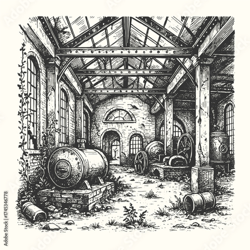 Detailed vintage engraving of an old industrial factory interior with large metal machinery and rustic structure.