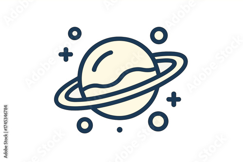 Stylized icon of a ringed planet with surrounding celestial elements