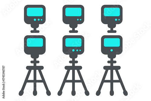 Studio strobe lights on tripods arranged in a grid pattern