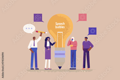 Diverse team collaborating on a creative idea represented by a giant light bulb and speech bubbles