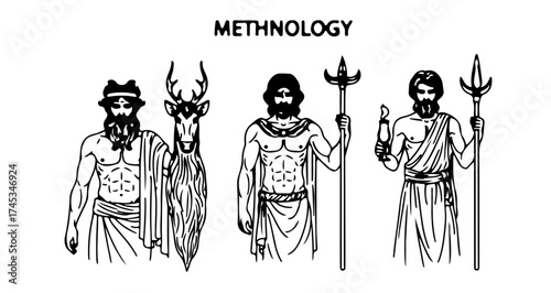 Mythology characters, hand drawn sketch, black and white, methnology theme