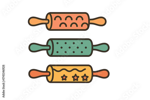 Three patterned rolling pins for baking and pastry dough preparation