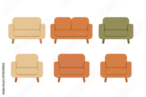 Set of modern armchairs and sofas in various neutral and earth tone colors