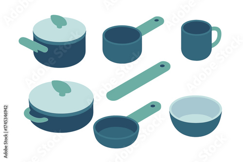 Isometric set of kitchen cookware and measuring utensils in blue tones