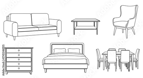 Outline illustration of furniture set, including sofa, table, chair, and bed
