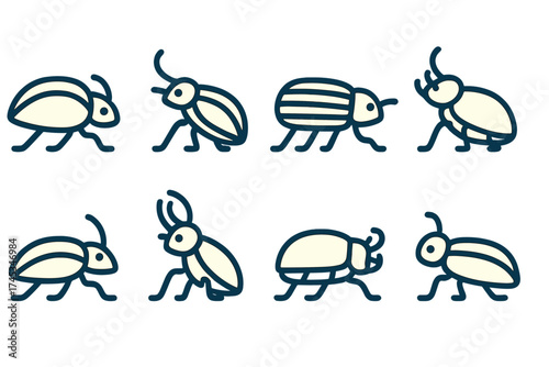 Stylized dark blue outline icons representing various beetles and insects