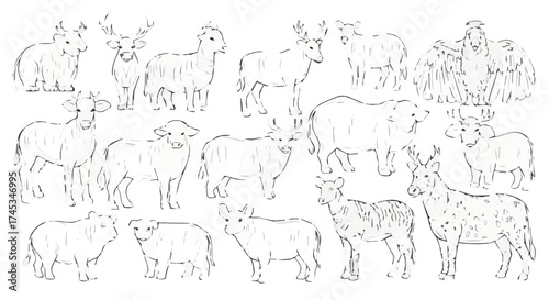 Collection of mythical creatures with antlers, line art drawing fantastic animals