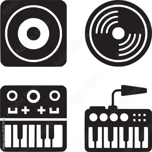 A black and white image showing a speaker a record and two synthesizer keyboard icons on a white background