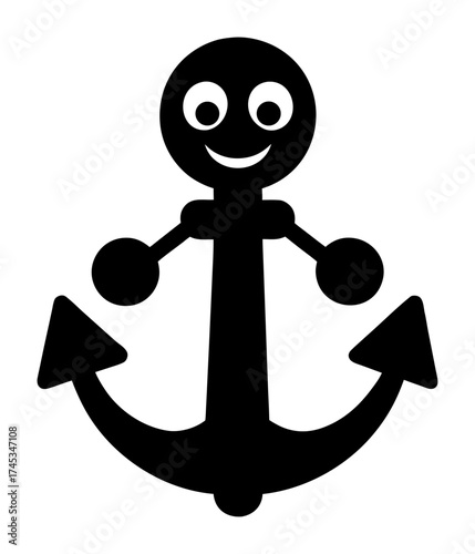 Vector art of a charming black and cartoon anchor character with a smiling face and outstretched arms, isolated a, representing maritime themes, adventure, and stability