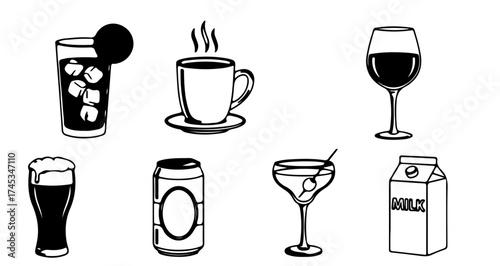 Collection of various beverage line art, including coffee, juice, and alcoholic drinks