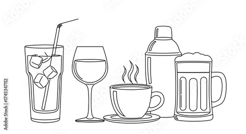 Hand drawn various drinks concept of beverage, refreshment, and social gathering