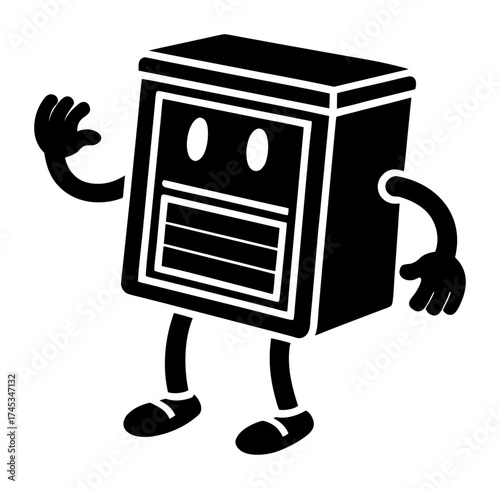 Vector art of a black and cartoon illustration of a friendly, anthropomorphic filing cabinet character waving hello, isolated a, with simple, bold lines and a playful, retro aesthetic