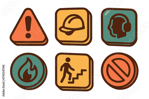 Retro style occupational health and safety warning signs and mandatory protection symbols collection