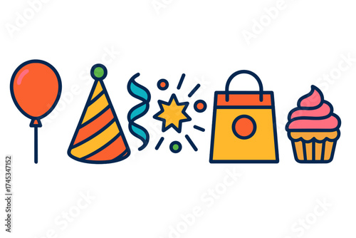 Vibrant outlined icons representing party, celebration, birthday, and festive events