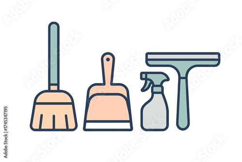 Essential household cleaning supplies set featuring broom, dustpan, spray bottle, and squeegee