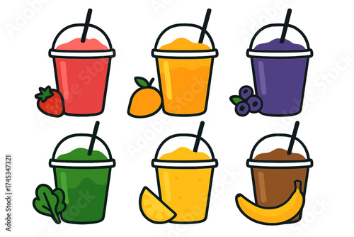 Assortment of healthy fruit and vegetable smoothies in takeaway cups with fresh ingredients