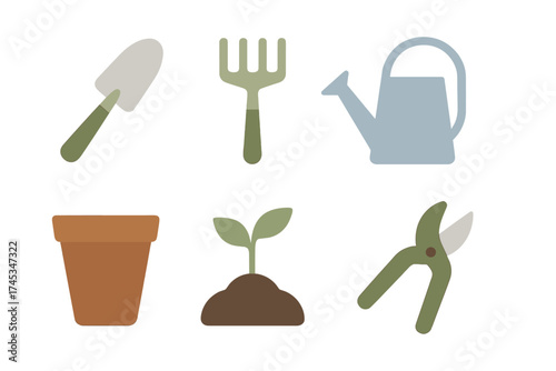 Essential home gardening tools set including trowel fork watering can shears and potted plant