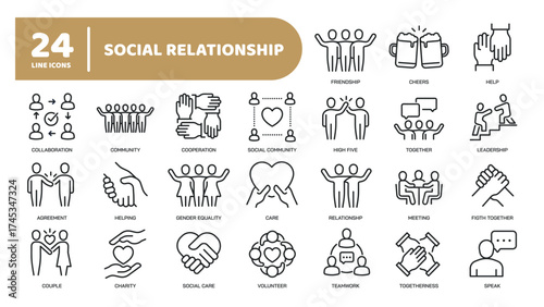 Set of collection line icons related social relationship, community, partnership. Editable stroke. Perfect pixel on transparent background