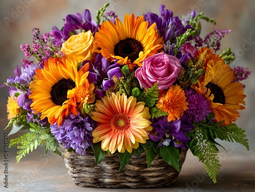 Wallpaper Mural Vibrant, beautifully lit photograph of a colorful flower arrangement in a woven basket, featuring sunflowers, gerberas, and pink roses. Torontodigital.ca