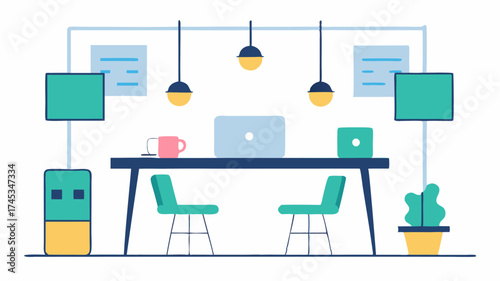 A collaborative workspace displaying a communal table with laptops charging stations and a shared whiteboard filled with brainstorming notes.