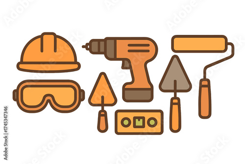 Large collection of essential construction tools and safety equipment icons