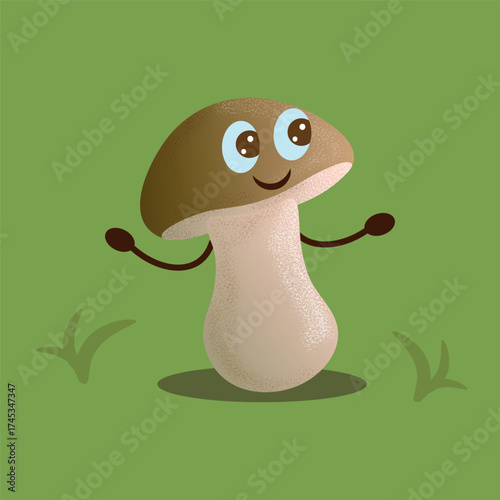 A funny, happy white mushroom cartoon character, cepe, boletus