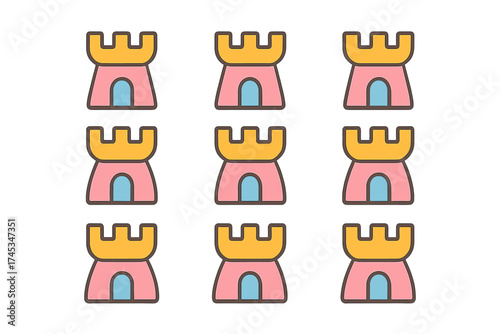 Colorful repeating pattern of cute cartoon castle towers with pink walls and yellow battlements