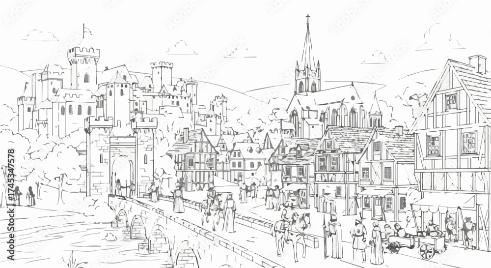 Obraz premium Detailed line art illustration of a medieval town with castle, church, and bustling market scene
