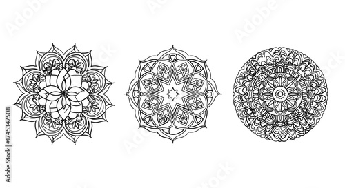 Set of three mandala designs sketch, each with unique patterns and intricate details