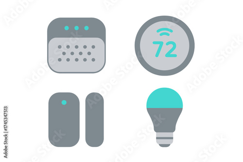 Modern smart home automation devices set including thermostat light bulb and security sensors