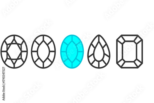 Five different diamond and gemstone cuts presented in outline and color styles