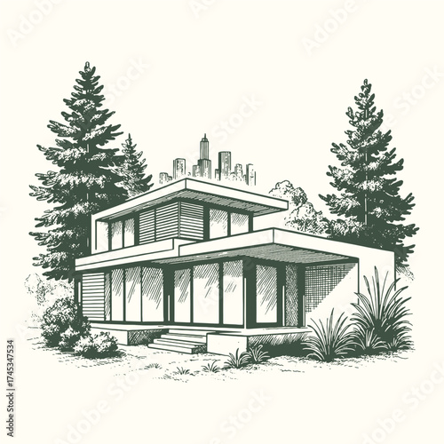 Mid-century modern house surrounded by pine trees, minimalist architecture in a forest landscape.