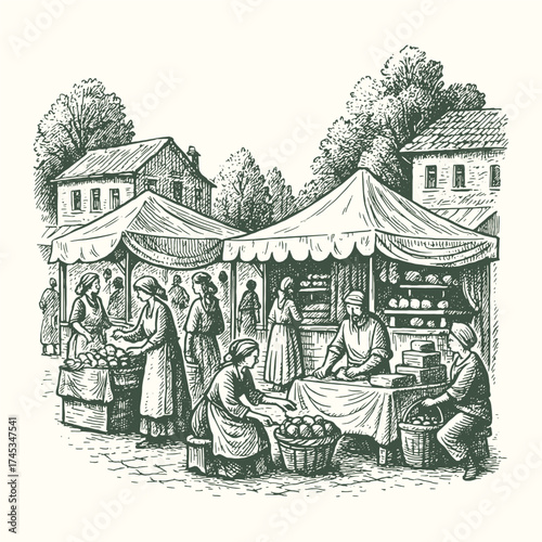 Vintage market scene with people trading goods under tents, lively and nostalgic countryside atmosphere.