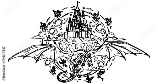 Fantasy castle on a floating island with dragon and fairies in black and white