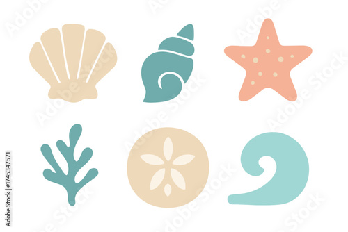 Set of stylized marine life icons including scallop shell conch starfish and sand dollar in soft tones