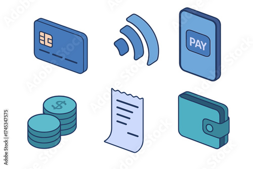 Isometric financial icons set showing credit card mobile payment and digital wallet symbols