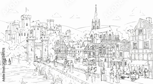 Detailed line art illustration of a medieval town with castle, church, and bustling market scene