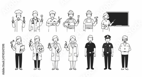 Collection of various profession characters in black and white line art