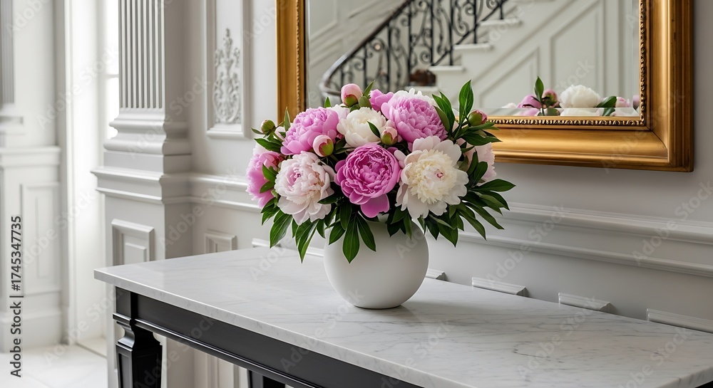 Fototapeta premium Elegant arrangement of lush pink and white peonies in a white vase on a marble tabletop in a luxurious hallway with a grand staircase reflected in a mirror
