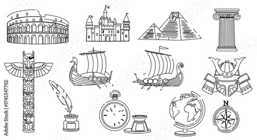 Line art illustration of historical landmarks and objects, , perfect for educational resources