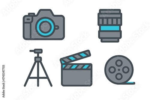 Essential photography and filmmaking equipment symbols including camera, lens, tripod, clapperboard, and film reel