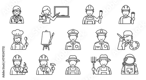 Collection of various professions represented by simple line drawings, showcasing diversity in career choices
