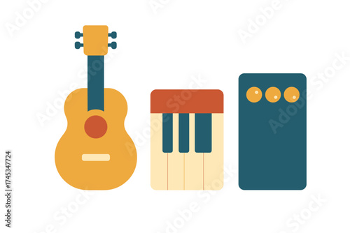 Flat design collection of musical instruments: ukulele, piano keyboard, and amplifier