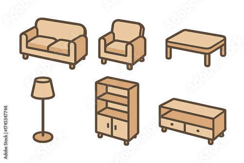 Isometric living room furniture set including sofa, armchair, coffee table, floor lamp, and storage cabinets