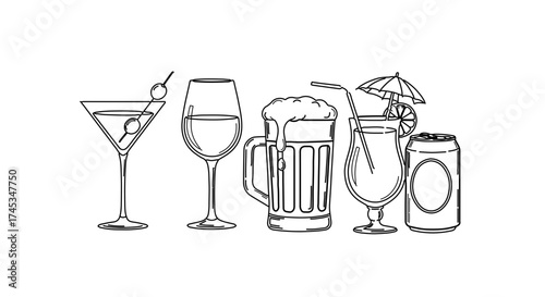 Illustration of various alcoholic beverages, including a martini and a beer mug