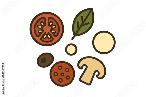 Fresh pizza ingredients assortment: tomato, basil, mushroom, and pepperoni slices