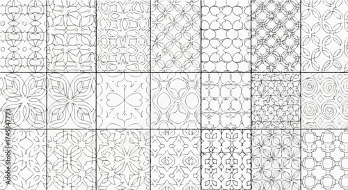 Collection of diverse geometric patterns arranged in a grid, showcasing various designs and styles
