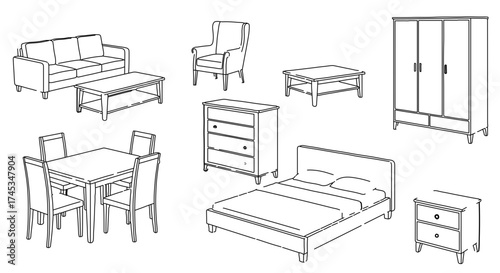 Furniture set, including sofa, bed, table, chair, and wardrobe