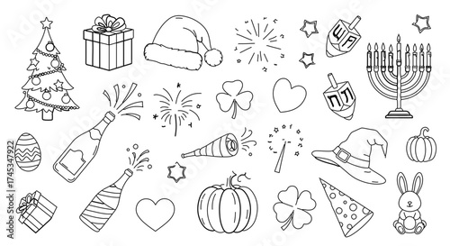 Outline drawing of various holiday symbols, including christmas, hanukkah, and halloween